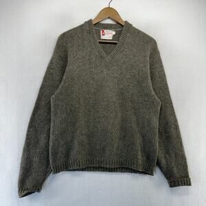 Vintage Revere Sweater Men's Large Gray Brown Mohair Wool V Neck Knit 60s 70s